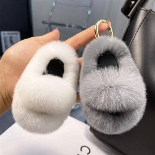 Plush Ball Real Rex Rabbit Fur Keychain Cute Small Slippers Women Bag Charm Toy Accessories Car Keyring Pendant Jewelry Trinkets