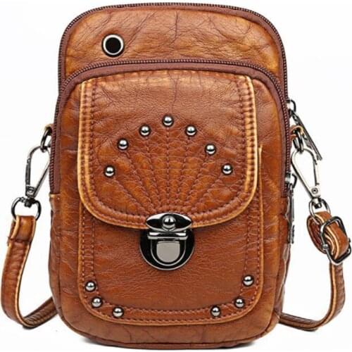 Rivet lock black washed leather women bag womens vertical shoulder bag crossbody bag small square bag