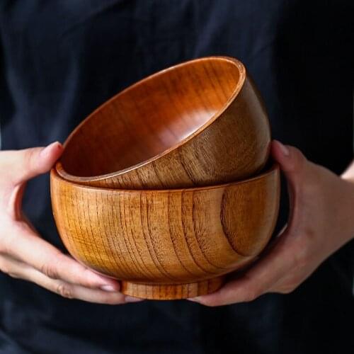 Wooden Bowl With Spoon Natural Wood Tableware Fruit Salad Noodle Rice Soup Kitchen Utensil Dishes Japanese Style Tableware Set