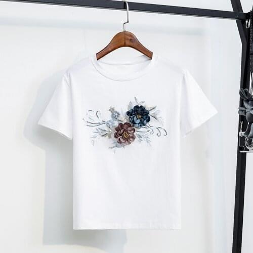 Summer New Women Tshirt Fashion Flower Floral Appliques Embroidery Short Sleeve T-Shirts Female Cotton T-shirt Summer Casual Top