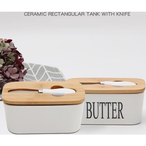 Ceramic Butter Dish Box with Butter Knife Bamboo Wooden Cover Food Storage Keeper Cheese Container Kitchen Storage Box