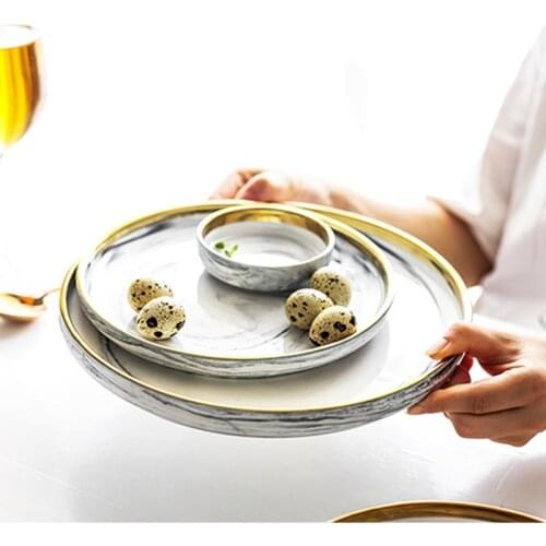 Ceramics Plate Tableware Phnom Penh White Gray Marble Round Home Kitchen Supplies Dinner Service Bone China Bowl Dish Dinnerware