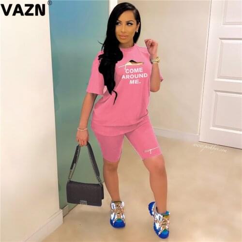 VAZN 2020 Hot Sport Letter Print Fashion Women Clothes Outfit O-neck Sexy Short Sleeve With Short Pant Two Pieces Set