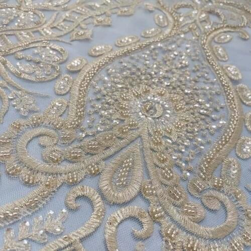 LFY 2020 Luxury Sliver Heavy Bead Wedding Bridal Gown Lace Fabric Tulle Embroidery Lace Fabric