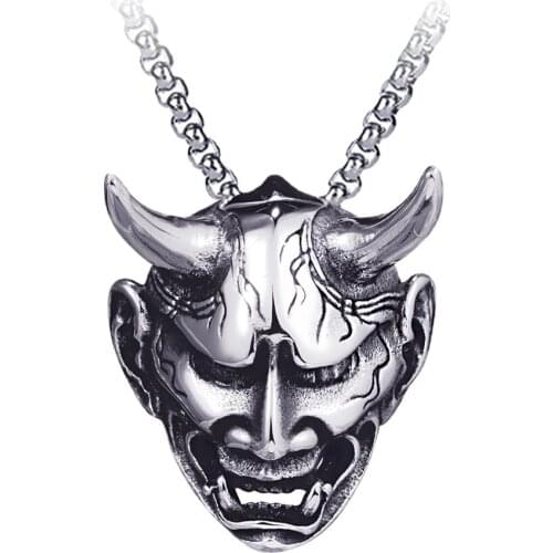 Stainless Steel Evil Oni Noh Hannya Mask Pendant Necklace Japanese Style Horror Punk Hip Hop Metal Eevil Necklaces