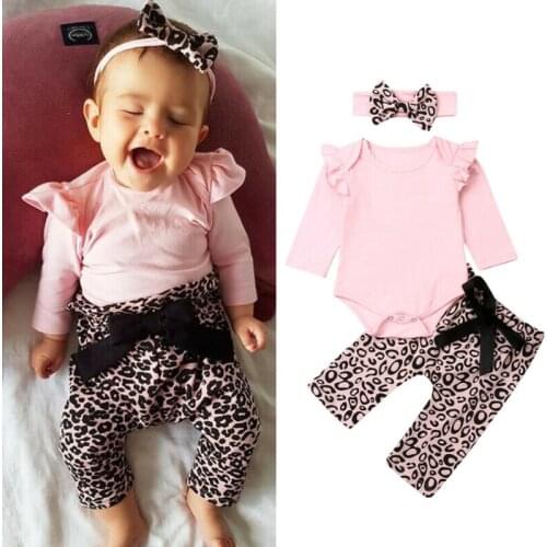 0-18M Newborn Baby Girls Boys Clothes Sets Pink Long Sleeve Tops+Leopard Bowknot Pants Headband 3pcs Outfit Set