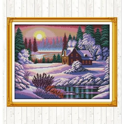 Dusk Snow-covered Landscape Embroidery Kit 14ct 11ct Count Canvas Needlework Embroidery Patterns Cross Stitch Package DIY Crafts