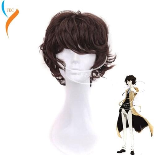 New Fashion Anime Bungo Stray Dogs Dazai Osamu Wig Heat Resistant Short Brown Curly Hair Cosplay Costume Wigs + Wig Cap