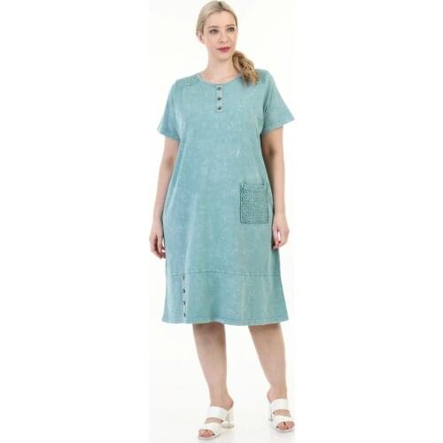 Diaves Women Plus Size Summer Fashion Self-Effect-Flushing Button and Pocket Detailed Cotton Dress Turkish Quality