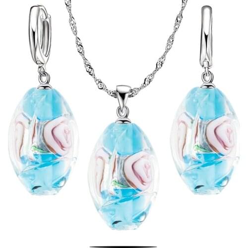 Qianbei 6Color Murano Glass Oval Rose Flower Jewelry sets women Silver necklace earrings NEW