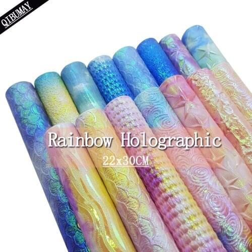 QIBU 22*30cm Rainbow Faux Leather Sheets Mermaid Snake Holographic Fabric For Bags Bow Maker Accessories A4 DIY Crafts Materials
