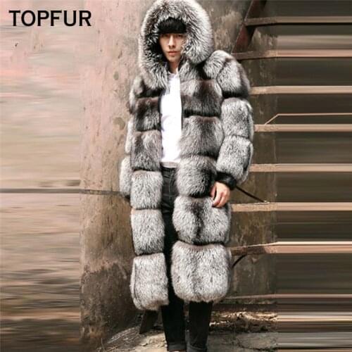 TOPFUR Mens Winter Collection Fur Coat Natural Silver Fox Fur Coat With Hooded Genuine Leather Jackets Spring Real Fur Coat Men