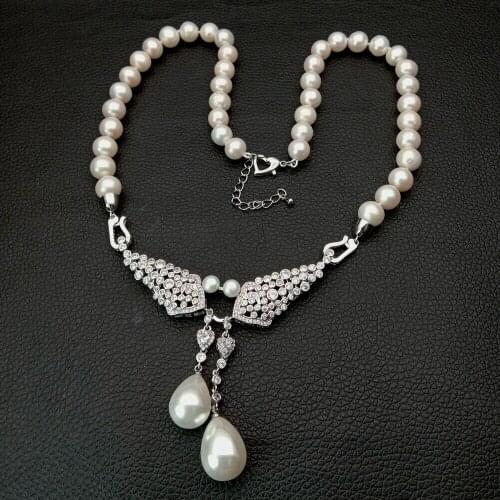 Hand knotted 51cm natural cultured 8-9mm white freshwater pearl necklace sea shell pearl cz pendant fashion jewelry