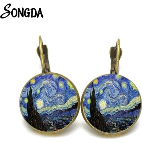 Vintage Van Gogh Painting Series France Stud Earrings For Women Sunflower Glass Round Pendant Ear Hook Jewelry Gift New Year