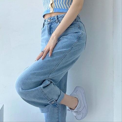 Jean Femme Y2K 2021 Summer Straight Denim Pants For Women Blue Washed High Waist Fall Jeans Loose Plus Size Trousers P166