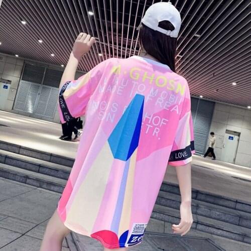 Jospoo Plus Size Women Tshirt New Summer Letter Pink Couples T Shirt Mesh Shirt Mid Length Ice Silk Quick Drying Base Shirts