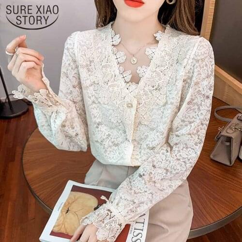 Autumn New Sweet Crochet Flower Shirt French V-neck Hollow Out Lace Blouse Women Elegant Long Sleeve Womens Clothing 2021 17088