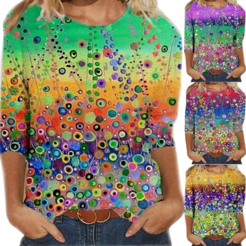 Womens shirts round neck printing casual T-shirt tops comfortable soft loose pullover shirts