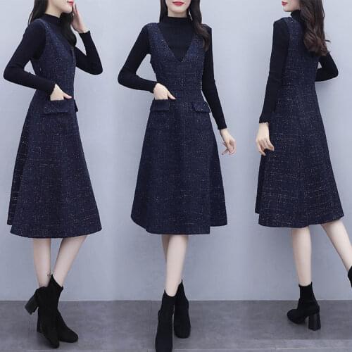 Plus Size Womens Sweater Shirt + Tweed Vest Dress Fall Winter Fashion Temperament Waistcoat Dress Two Piece Set Outfits y1012