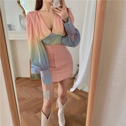 2021 New Spring Autumn Women Set Rainbow gradient V-neck Sexy tops waist skirts and high waist slim short Skirt female set