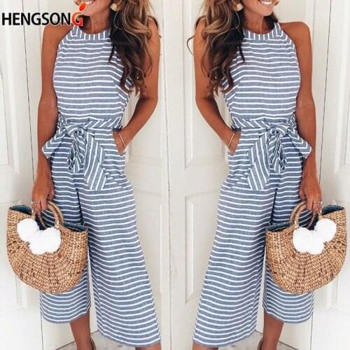 Summer Overalls For Women Stripe Jumpsuits Fashion O Neck Sleeveless Long Rompers Elegant Belt Bow Tie Loose Party Jumpsuit