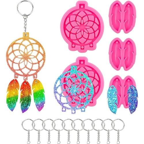 1 set Dream Catcher Feather Resin Mold Keychain Pendant Wall Hanging Decor Silicone Moulds With Keyring For Jewelry Kit Making