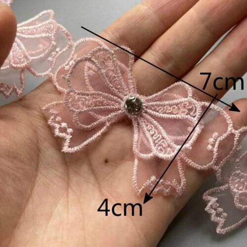 10X Pink Lace Trim Ribbon Mesh Bowknot Rhinestones Embroidered Patches Applique Fabric DIY Wedding Dress Sewing Supplies 7 CM