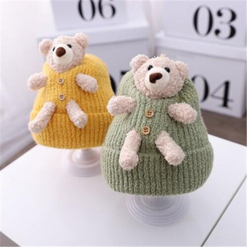 2020 new Cartoon cute Bear Baby Boy Girl Hats Winter Warm Knitted Crochet Earflap Beanie Hats Kids Hats Cap