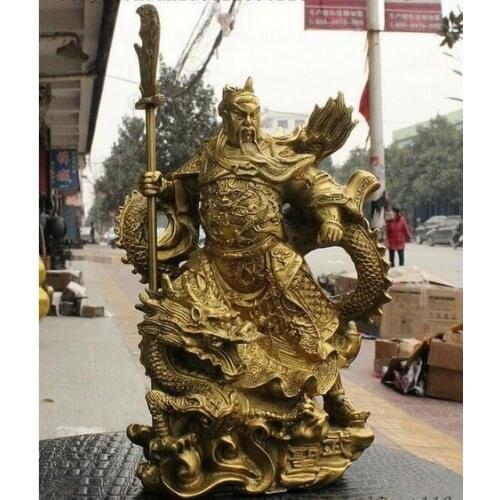 23CM China Brass Dragon Robe Stand Dragon Warrior Guan Gong Yu Door-God Sword Statue
