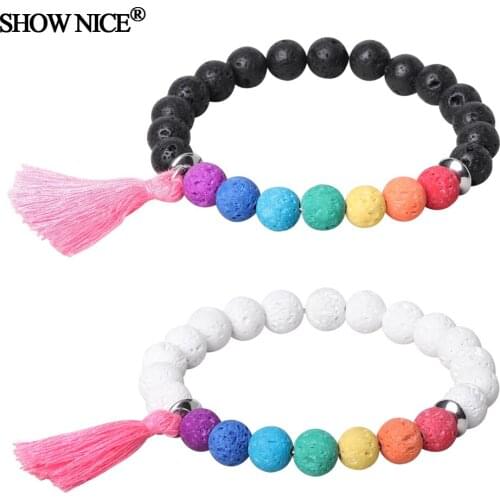 Natural Stone White Black Lava Rock 7 Chakra Yoga Weathering Stone Stainless Steel Accessories Pink Tassel SHOW NICE Bracelets