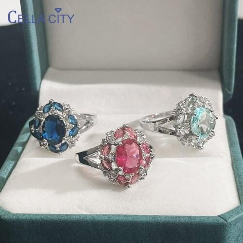 Cellacity classic 925 sterling silver ring for charm lady with red ruby sapphire topaz gemstones flower shape women party gift