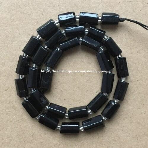 7'' Natural Faceted Black Tourmaline Cylinder Spacer Stone Beads For Jewelry DIY Making