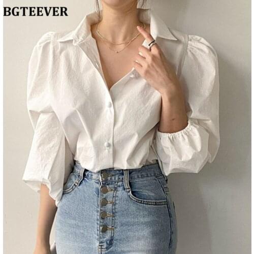 BGTEEVER Elegant Puff Sleeve Office Ladies Solid Shirts Tops 2021 Spring Turn-down Collar Single-breasted Loose Female Blouses