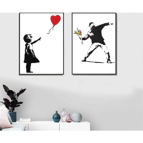 Graffiti Artwork Girl With Red Balloon Canvas Painting Poster Prints Black White Abstract Wall Art Pictures for Room Home Decor