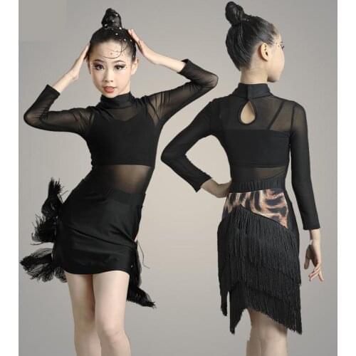Girl Middle Sleeve Lace Mesh Mordern Ballroom Dancing Dresses For Kids Sexy Salsa Tango Skirt Children Tassel Latin Dance Dress