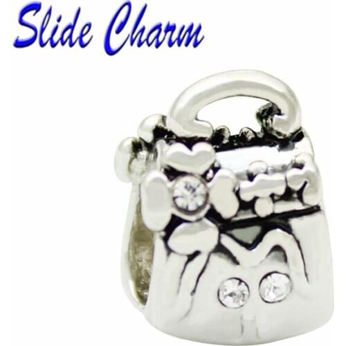 Fashion jewelry DIY charm European and American style white crystal childrens handbag charm bead Fit Pandora Bracelet Necklace