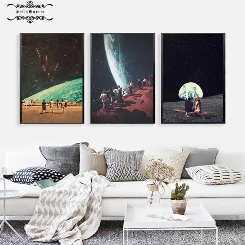 Night Sky Art Prints Earth Couple Canvas Posters Surrealism Galaxy Space Moon Canvas Painting Cosmic Wall Pictures Sci-Fi Decor