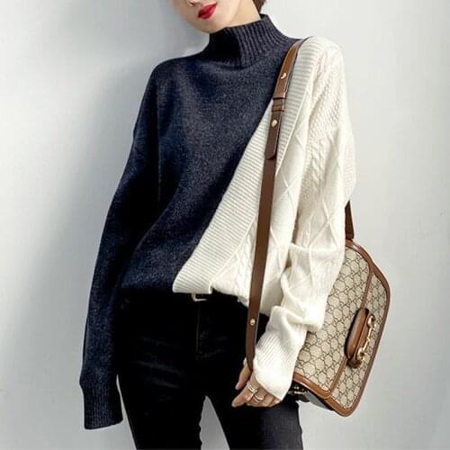 Korobov 2021 Autumn Winter New Women Knit Pullovers Korean Turtleneck Long Sleeve Hit Color Patchwork Sweaters Women Jumper