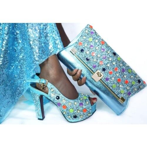New fashion sky blue women pumps with big crystal decoration african dress shoes match handbag set G35,heel 12cm