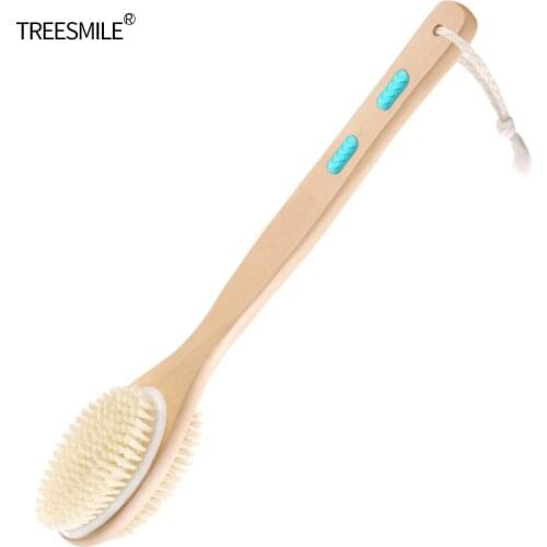 TREESMILE Exfoliating Bath Brush Long Handle Double-Sided Brush Leg Exfoliant Soft and Stiff Massage Bristles Shower Brush D40