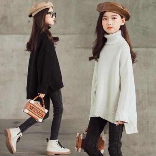 Girls Sweater Autumn Winter Solid Color Turtleneck Sweater Long Sleeve Knitwear Girls Pullover Long Sweater Kids Clothing14 Year