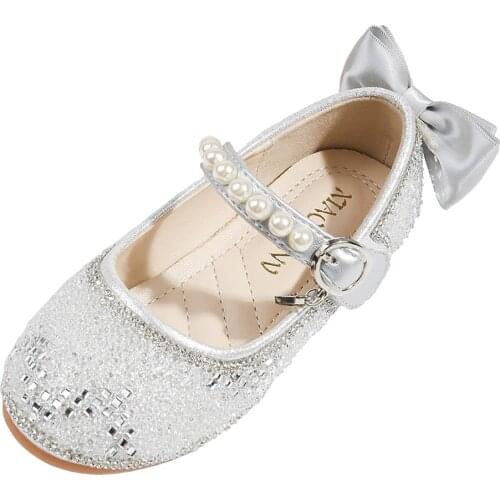 Children Wedding Party Flats Kids Princess Glitter Shoes White Pink Bowknot Back Classic Ballet Mary Jane Shoes Girl Dress Shoes