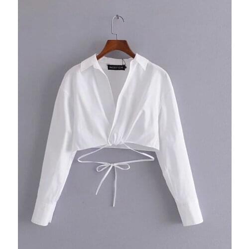 2021 Surplice Cropped Shirt Women WITH TIES Long Sleeves Casual Fashion Chic Lady High Fashion Blouses Women Tops
