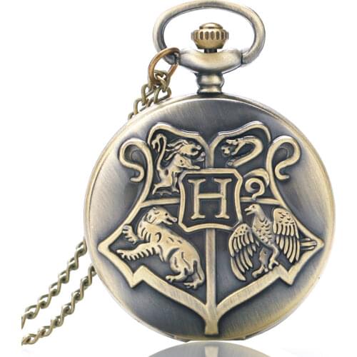 Vintage Retro Shield School of Witchcraft and Wizardry Bronze Pocket Watch Men Women Children Necklace Pendant Watches Gifts