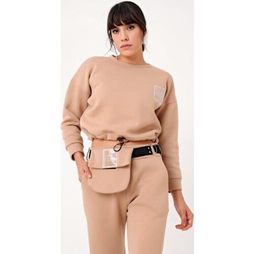 YENİ SEZON 2021 CEP DETAYLI EŞOFMAN TAKIMI Kadın Caramel Çanta Detaylı 3 Iplik Örme Eşofman Takım