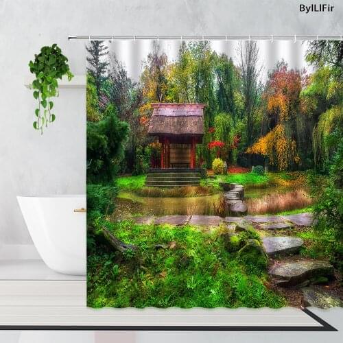 Country Pastoral Scenery Shower Curtains Green Plants Forest Hut Stone Corridor Natural Landscape Waterproof Bath Curtain Screen