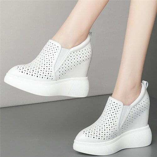 12cm High Heel Creepers Women Hollow Genuine Leather Wedges Ankle Boots Female Summer Pointed Toe Fashion Sneakers Casual Shoes