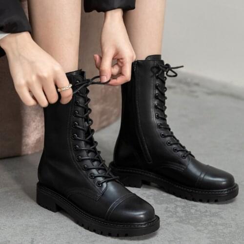 2020 New Chunky Platform Lace Up Women Boots Thick Sole Side Zip Round Toe Square Heel Autumn Winter Genuine Leather Ankle Boots