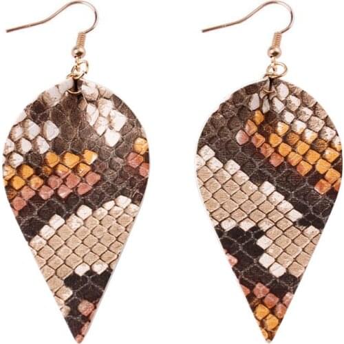 ZWPON 2019 New Gold Summer PU Leather Leaf Earrings for Women Trendy Faux Snakeskin Leather Teardrop Earrings Animal Print