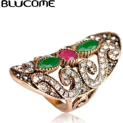 Blucome Turkish Vintage Resin Crystals Big Long Rings For Women Finger Aneis Anel Antique Gold Color Party Women Turkey Rings